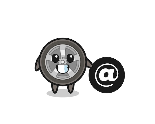 Cartoon Illustration of car wheel standing beside the At symbol