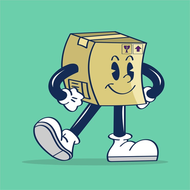 Vector a cartoon illustration of a cardboard box character with a smile face face and hands on the sides