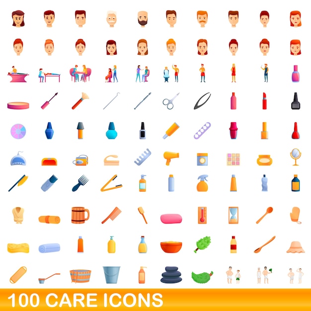 Cartoon illustration of care icons set isolated on white