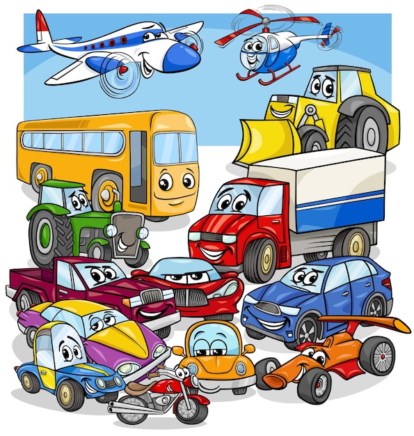 Vector cartoon illustration of cars and vehicles comic characters group