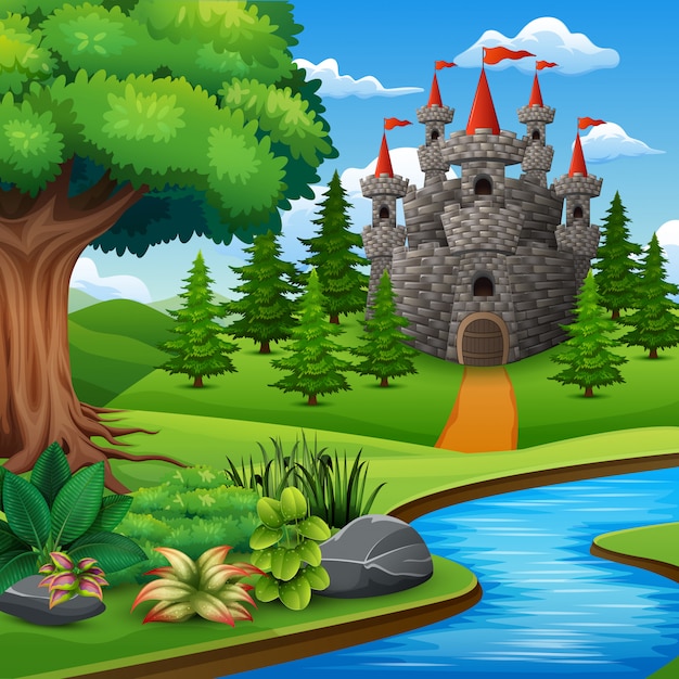 Cartoon illustration of castle on hill landscape