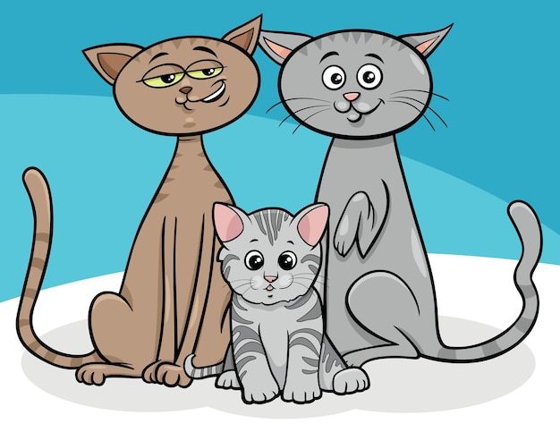 Cartoon illustration of cat family with little kitten animal characters