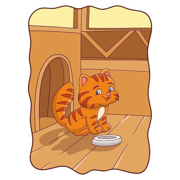 Cartoon illustration cat is getting ready to eat with his plate