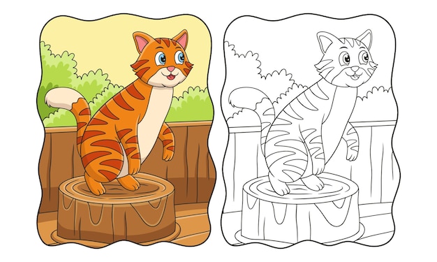 만화 삽화 고양이는 농장 책이나 아이들을 위한 페이지에 있는 나무 울타리 뒤에 있는 통나무 위에 서 있습니다.