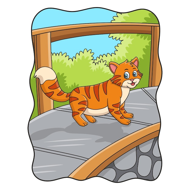 Cartoon illustration cat walking on a wooden bridge looking at the water well