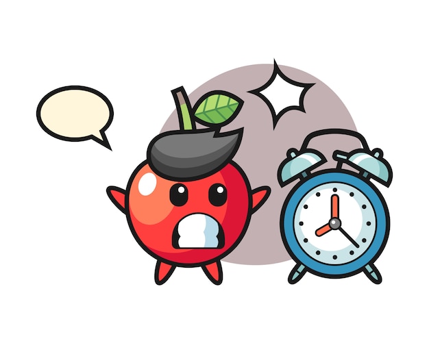 Vector cartoon illustration of cherry is surprised with a giant alarm clock, cute style design