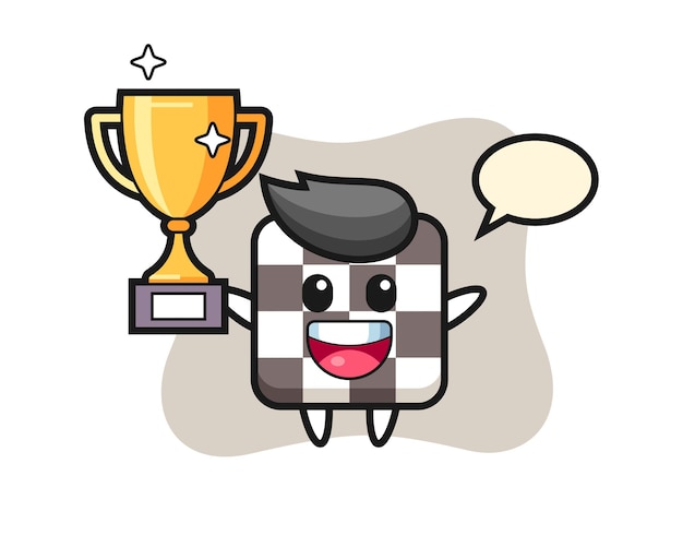 Vector cartoon illustration of chess board is happy holding up the golden trophy