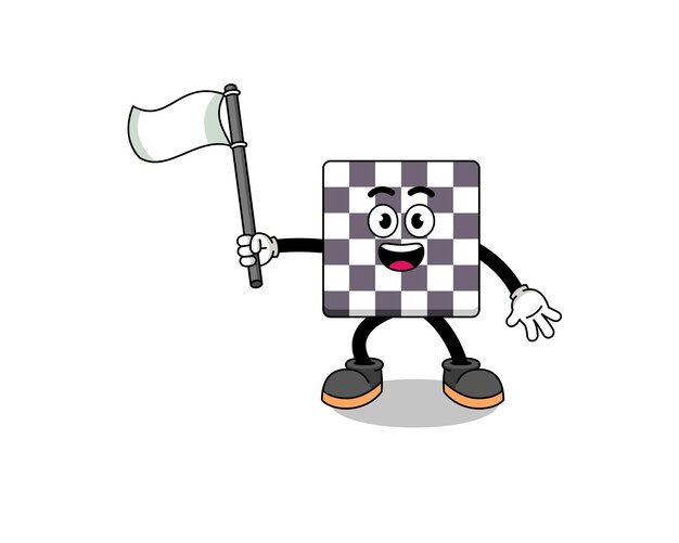 Cartoon Illustration of chessboard holding a white flag character design