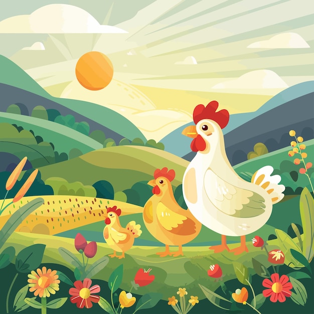Un'illustrazione a cartone animato di un pollo e polli in un campo