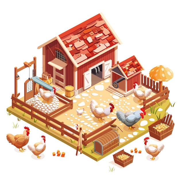 Vector a cartoon illustration of a chicken farm with chickens and a chicken coop