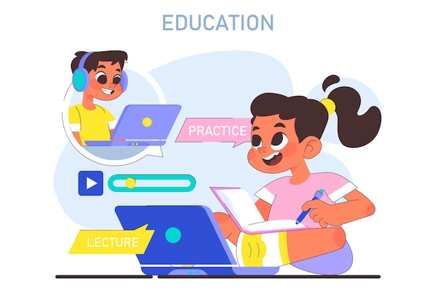 A cartoon illustration of a child and a laptop with the words education on it.