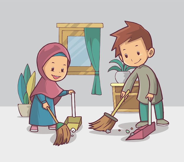 Cartoon illustration of children cleaning the house