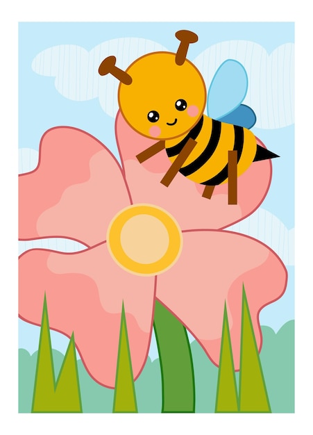 Cartoon illustration for children colorful poster Flower meadow The bee on the flowers