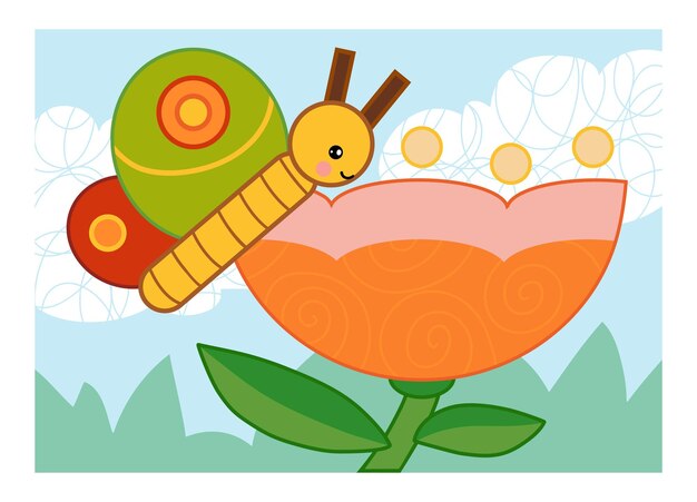 Cartoon illustration for children colorful poster Flower meadow The butterfly and flower