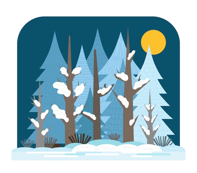 Cartoon illustration for children flat winter mixed coniferous forest night snow landscape