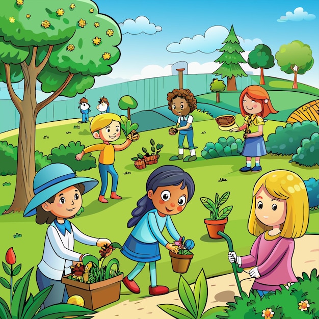 Vector a cartoon illustration of children planting plants in a garden