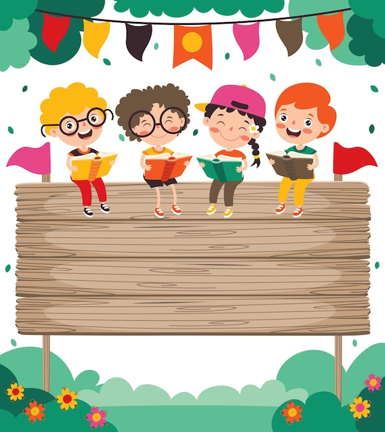 Cartoon Illustration Of Children Reading BooK