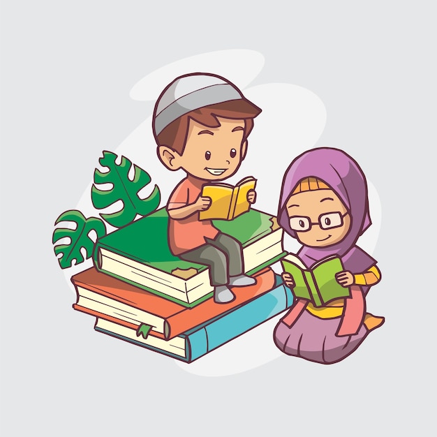 Vettore illustrazione del fumetto di bambini che leggono libri su una pila di libri