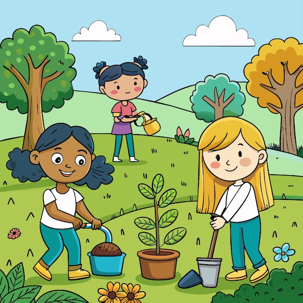 Vettore un'illustrazione a cartone animato di bambini che annaffiano piante con alberi e fiori