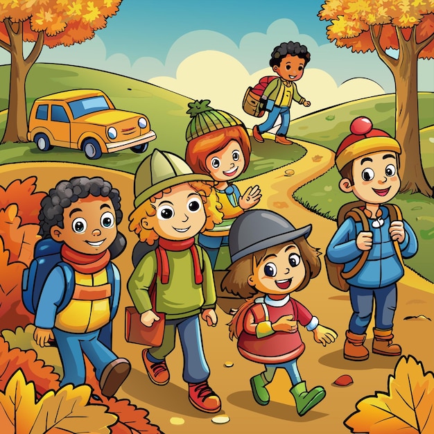Vector a cartoon illustration of children with backpacks and backpacks