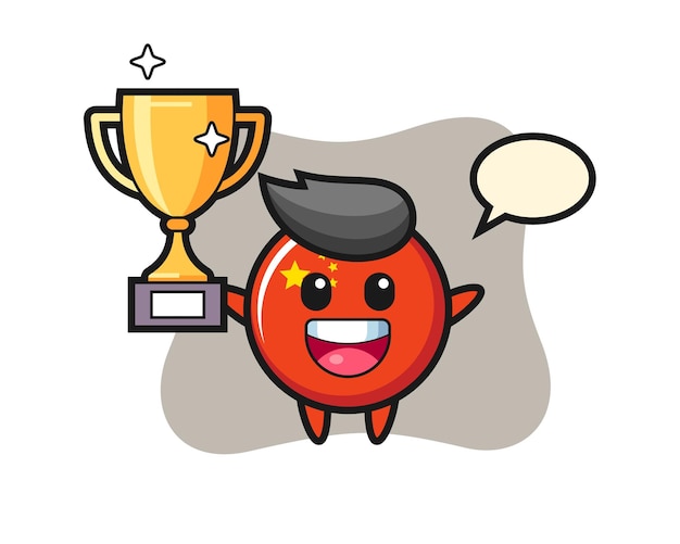 Cartoon Illustration of china flag badge is happy holding up the golden trophy