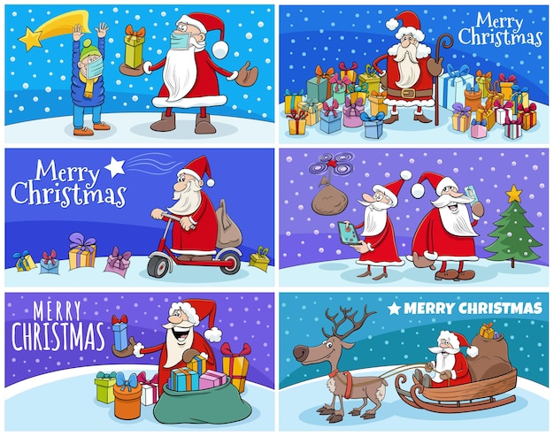 Cartoon illustration of christmas greeting cards set with santa claus characters