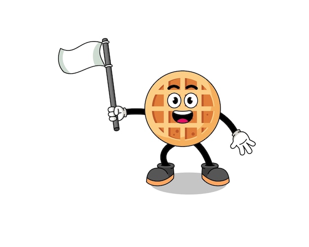 Cartoon Illustration of circle waffle holding a white flag