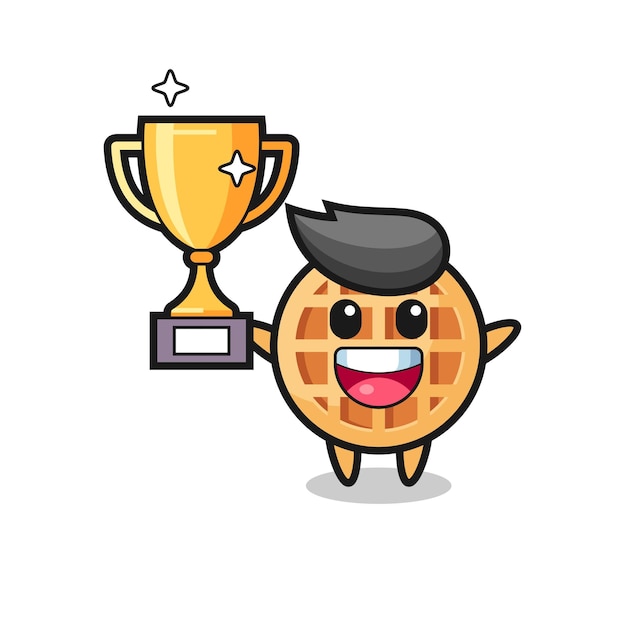 Cartoon illustration of circle waffle is happy holding up the golden trophy  cute design