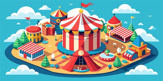 Vettore un'illustrazione di cartone animato di una tenda da circo con un tetto rosso e una tenda rossa