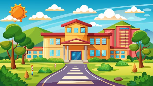 Vector cartoon illustration city houses and school facades landscape 10