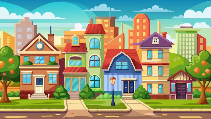 Vector cartoon illustration city houses and school facades landscape 4