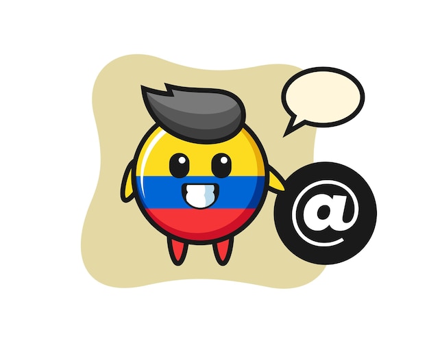 Cartoon illustration of colombia flag badge standing beside the at symbol