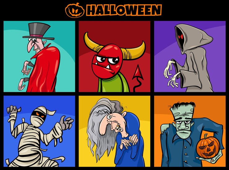 ハロウィーンの漫画のキャラクターセットの漫画イラスト