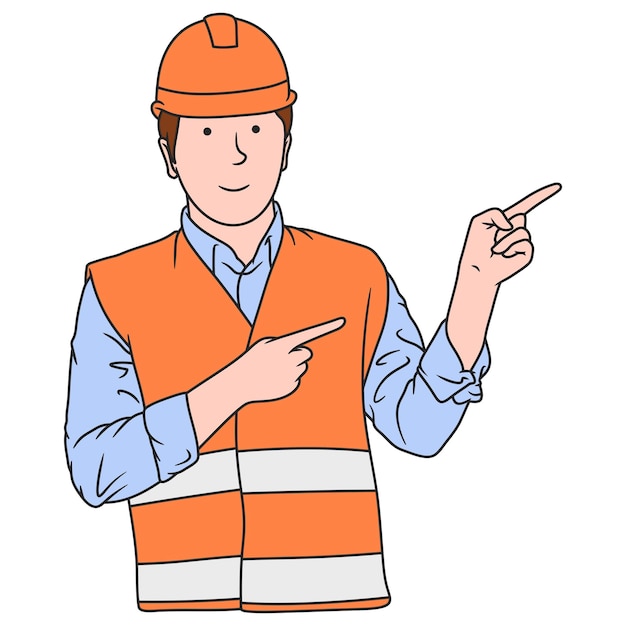 Cartoon illustration of construction worker pointing pose