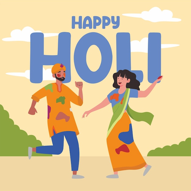 A cartoon illustration of a couple dancing in holi festival front of a background of trees and sky.