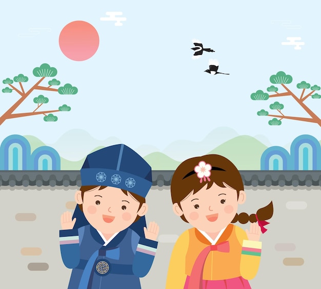 Cartoon illustration of a couple of korean girls wearing traditional hanbok.