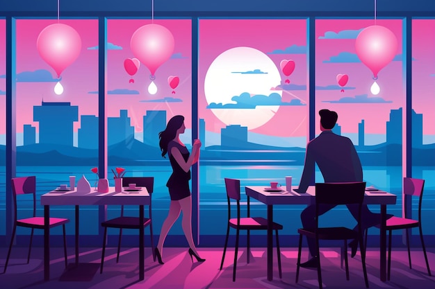 a cartoon illustration of a couple at a restaurant with balloons in the background