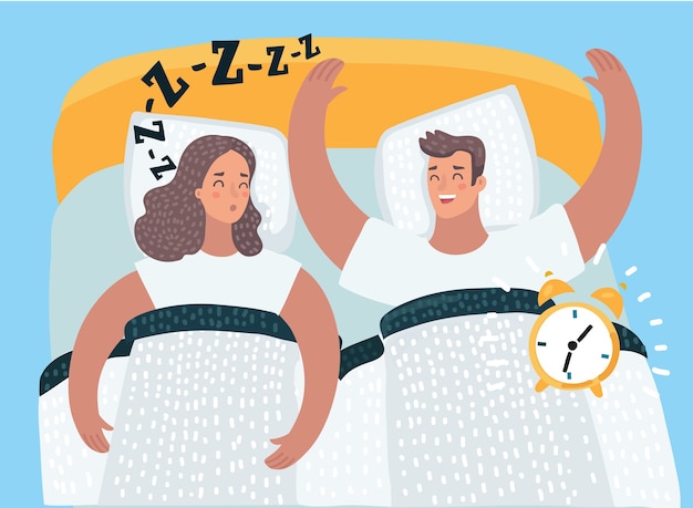 Vector cartoon illustration of couple sleeping in the bed together