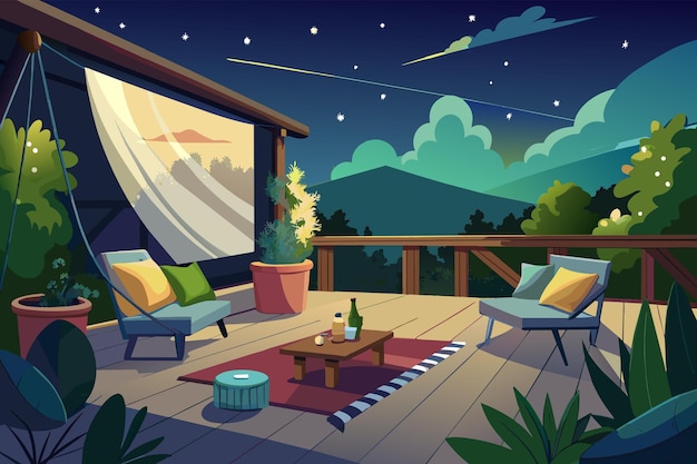 Vector cartoon illustration of a cozy outdoor deck at night with two chairs a small table a woven rug and a view of a starry sky above rolling hills