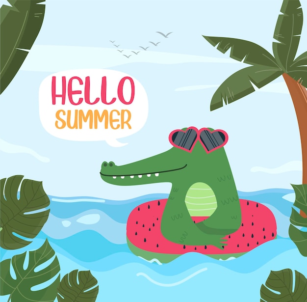 Vector cartoon illustration crocodile hello summer