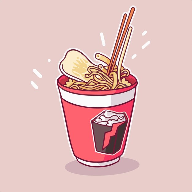 Vector a cartoon illustration of a cup of ramen with chopsticks.