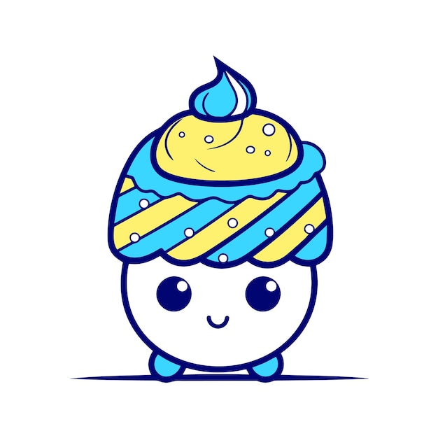 A cartoon illustration of a cupcake with a blue face and a smile on the face.