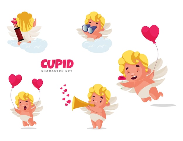 Vector cartoon illustration of cupid character set