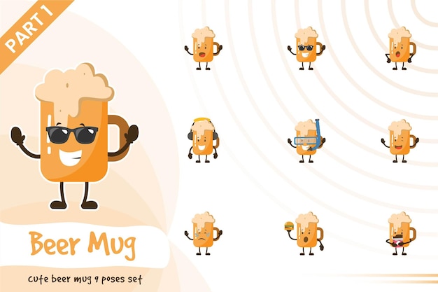   cartoon illustration of cute beer mug poses set.