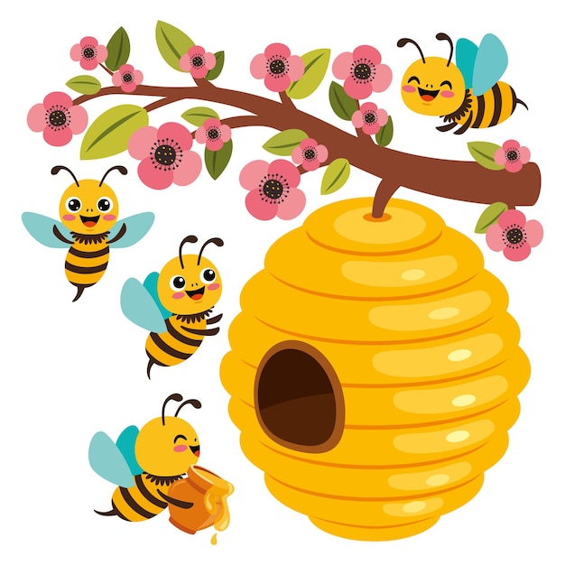 Vector cartoon illustration of cute bees