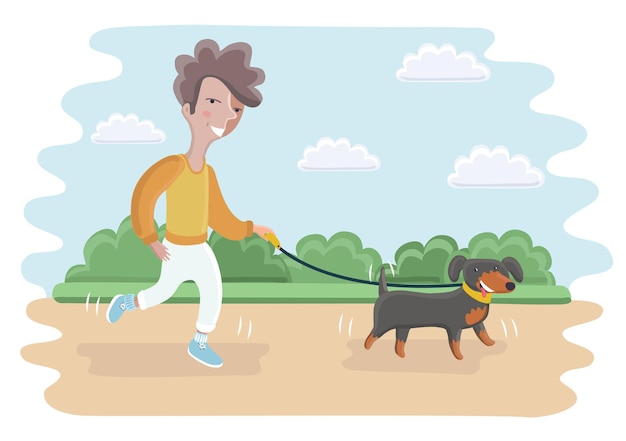 cartoon illustration of cute boy walking with dog in the park