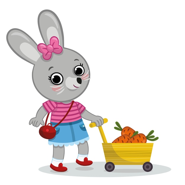 Vector cartoon illustration of a cute bunny with a carrot wheelbarrow vector illustration