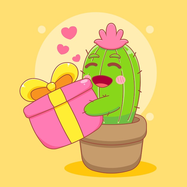 Vettore fumetto illustrazione del simpatico personaggio di cactus che tiene una confezione regalo