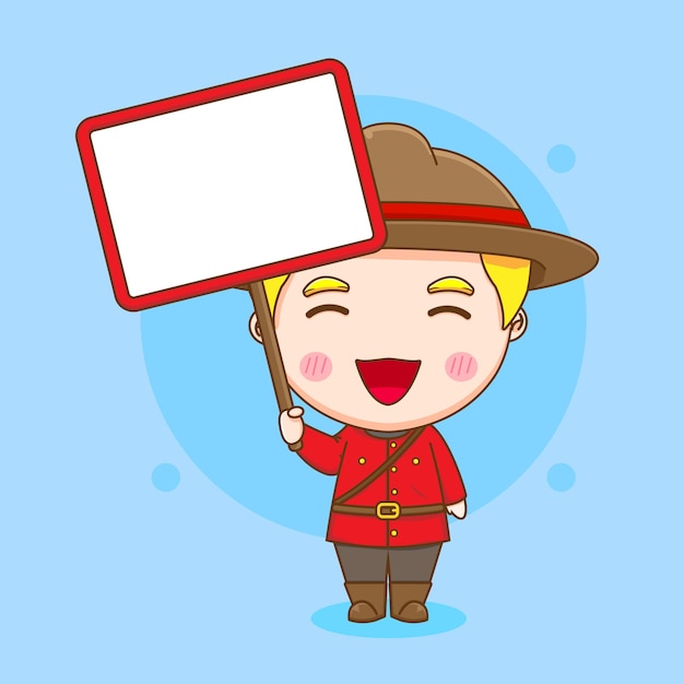 Cartoon illustration of cute Canadian police character holding empty placard