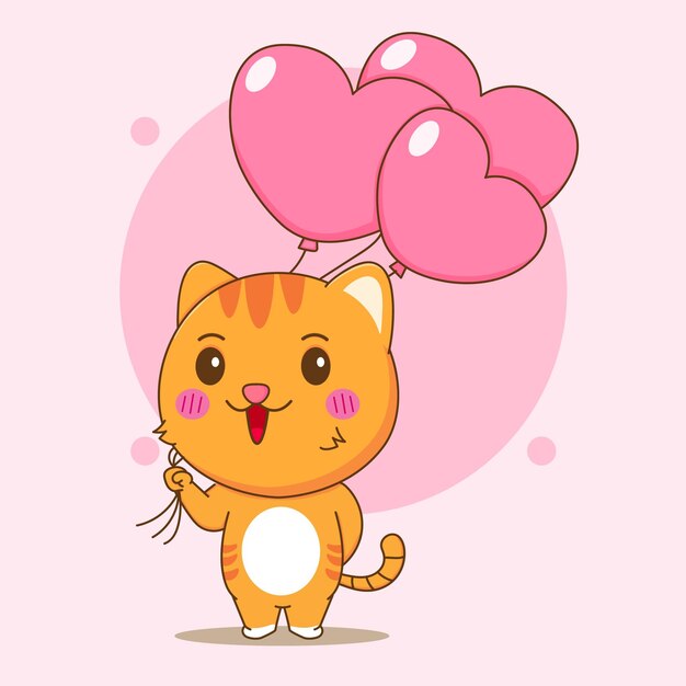 Cartoon illustration of cute cat character holding love balloons